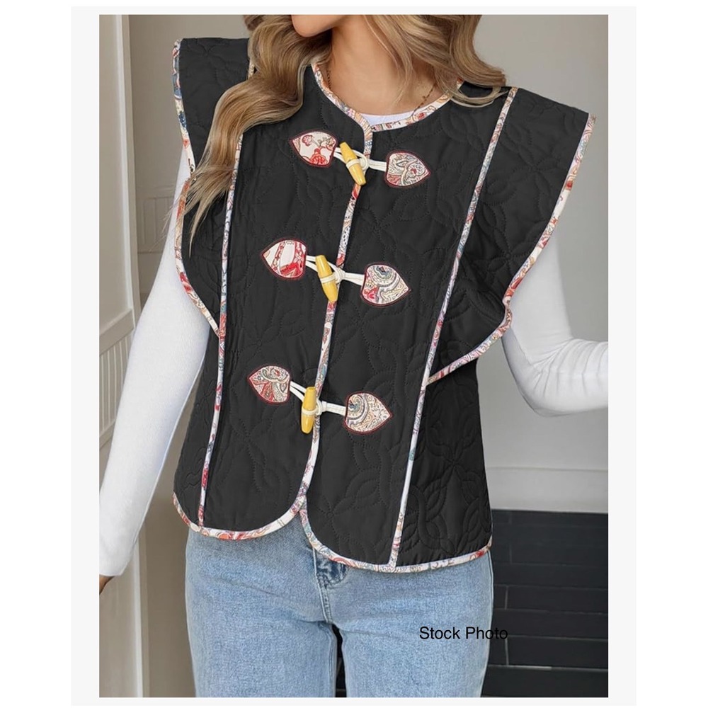 Tankaneo Womens Quilted Toggle Vest White Paisley Trim Ruffle Cap Sleeve‎ Medium - Picture 10 of 14
